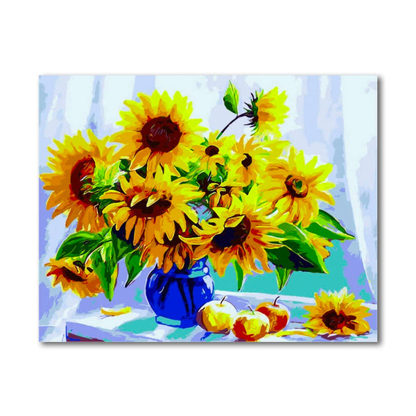 Sonnenblumen in einer blauen Vase Malen nach Zahlen Malset