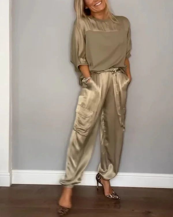 🔥Ensemble Top et Pantalon en Satin Lisse à Manche Demi-longues💝ACHETEZ 2 ENSEMBLES LIVRAISON GRATUITE