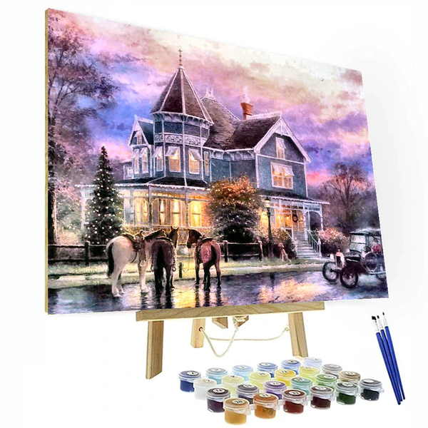 Christmas House And Horses Paint By Numbers Painting Kit