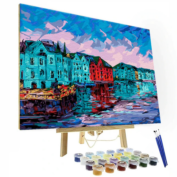 Malen-nach-Zahlen-Set „Aalesund in der blauen Stunde“