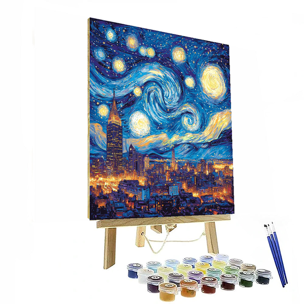 Sternennacht über urbaner Skyline, inspiriert von Van Gogh – Malen nach Zahlen zum Selbermachen