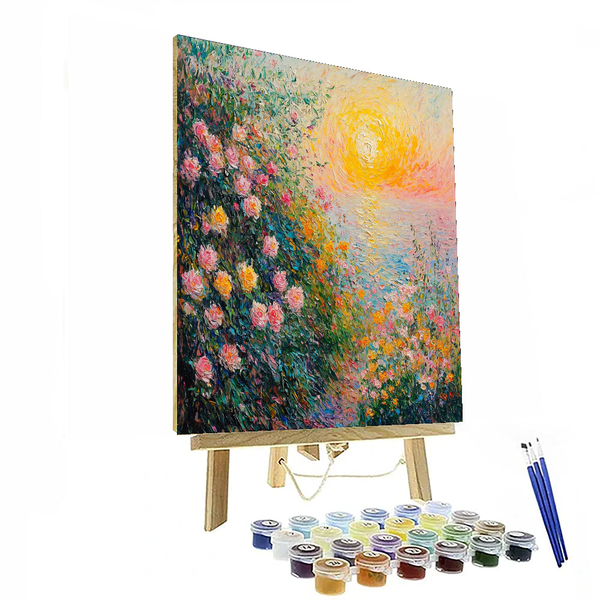 Von Claude Monet inspirierter Sonnenuntergang in blühenden Blumen - DIY Malen nach Zahlen Set